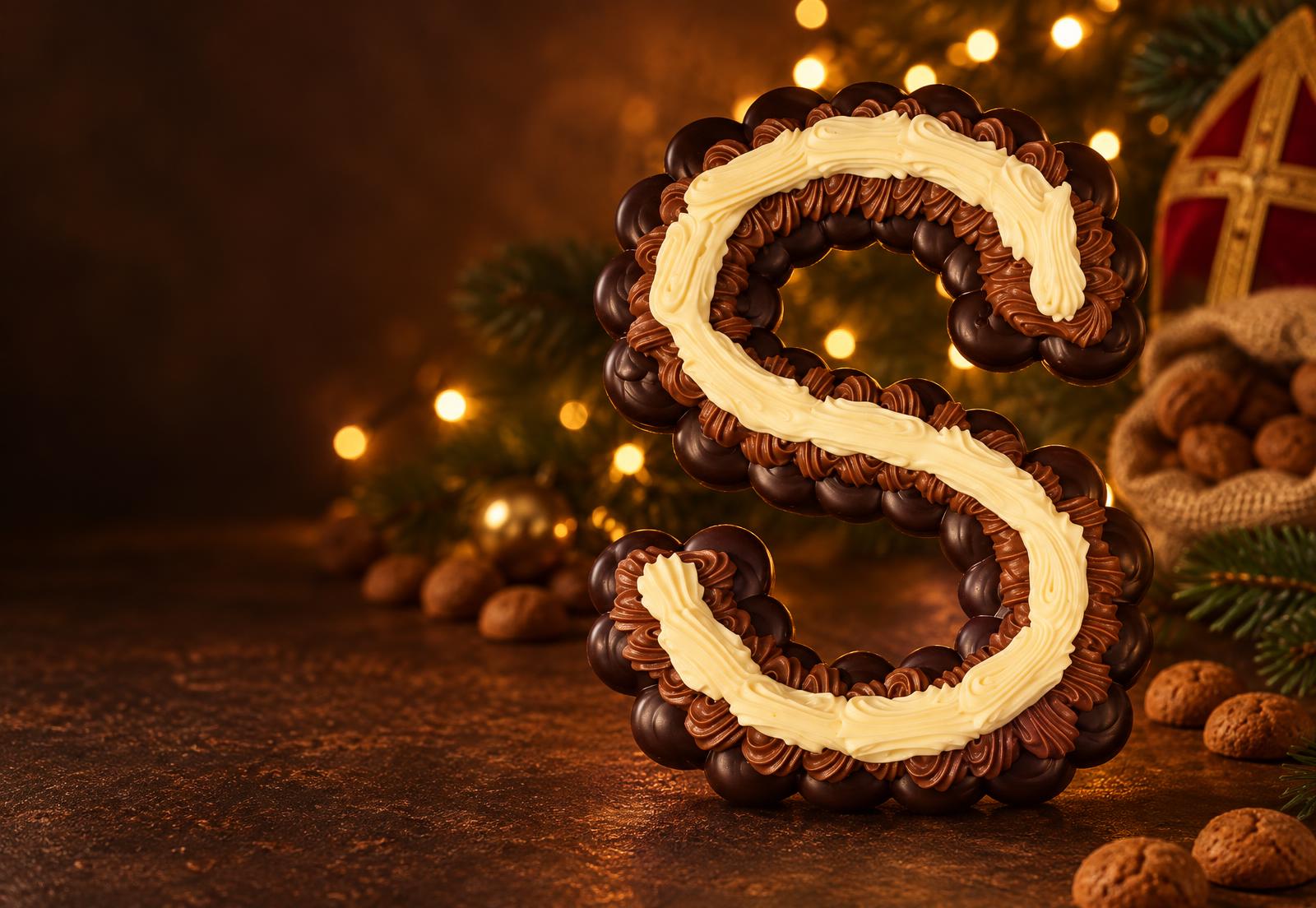 Losse chocoladeletter S, opgebouwd uit pure chocoladedruppels, melkchocolade rozetjes en een witte chocoladelijn, tussen pepernoten en gouden lichtjes